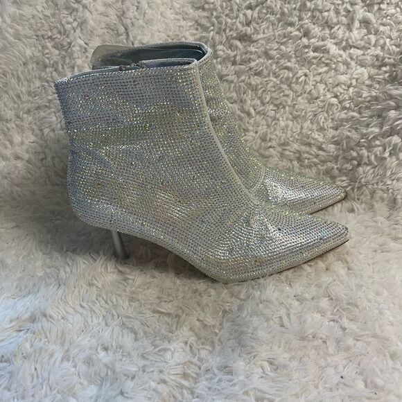 Moda Tope synthetic Silver Rhinestones Ankle Boots pointed toe side zipper SZ9.5 - Picture 2 of 16